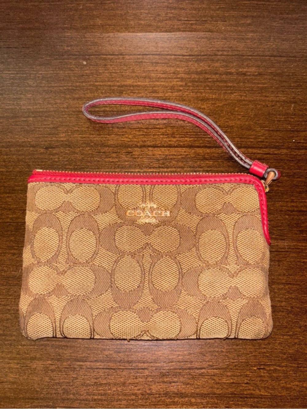Coach Brown Signature Canvas Wristlet with Red Trim